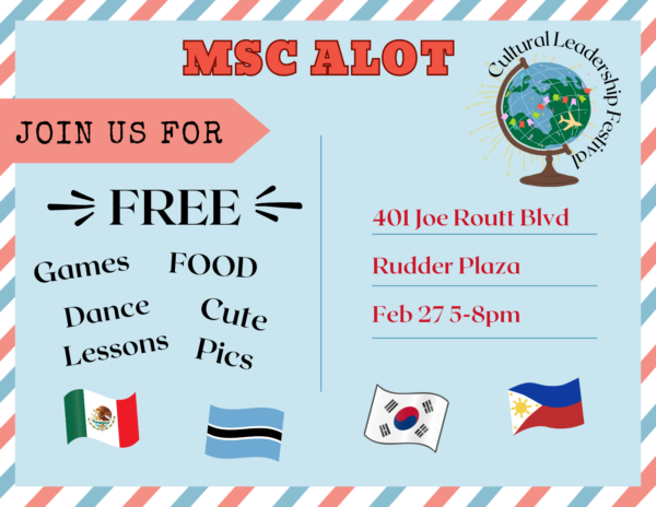 Cultural Learning Festival 2024 event flyer - event is scheduled for 5 PM-8 PM on February 27th, 2025 at 401 Joe Routt Blvd, Rudder Plaza. Free games, food, dance lessons and many chances for taking cute pictures will be available.